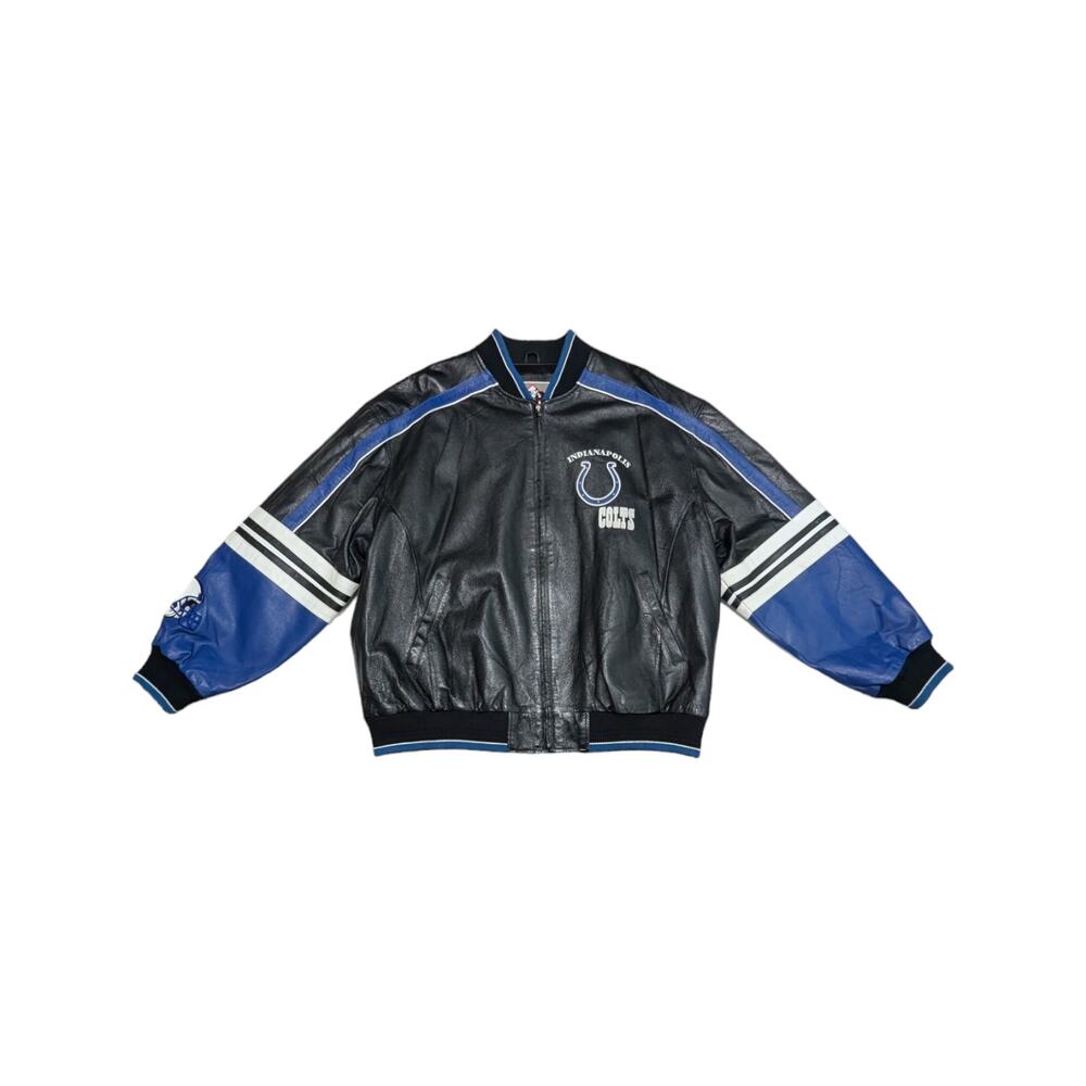 Vintage Indianapolis Colts Leather Jacket Black Blue  NFL Bomber Football Zip Up